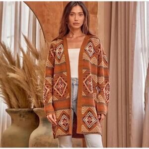 Savanna Jane Southwestern Sweater Brown Coastal Cowgirl Pattern Cardigan Large